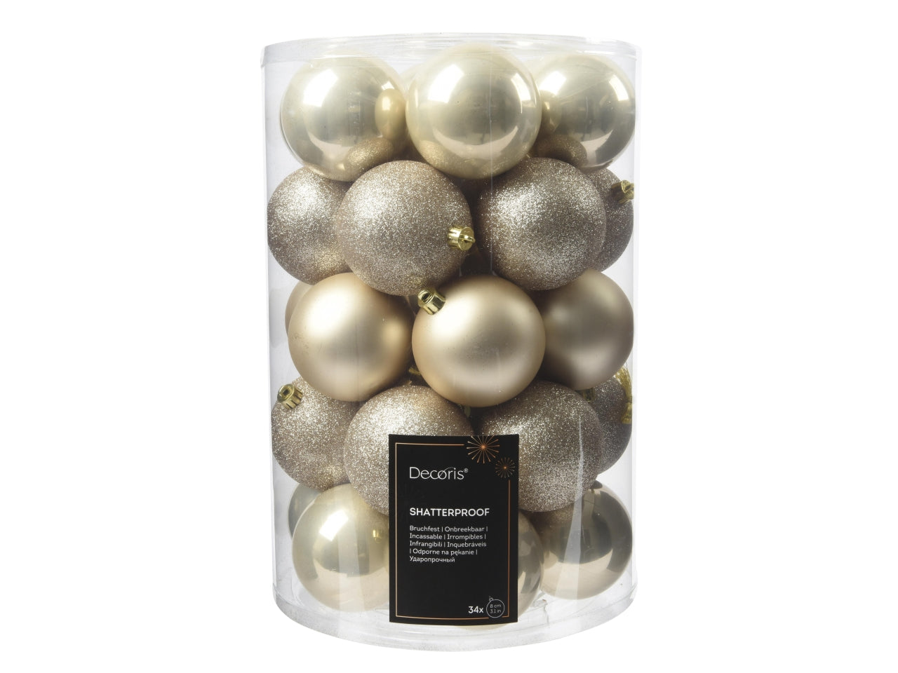 Palla infrangibile d.8cm lucida, opaca, glitterata mix beige la confezione contiene 34 palle