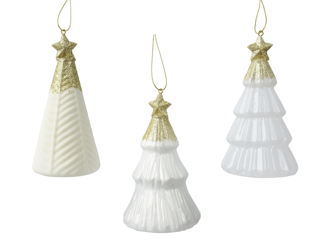 Pendente albero di vetro 12,6cm con stella in cima, glitterato oro, bianco in 3 assortimenti