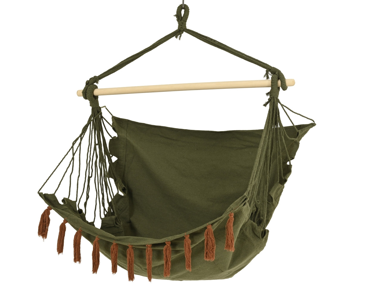 Sedia sospesa in tessuto verdone, stile etnico, sistema di fissaggio a corde, 100x130xh.120cm - Kaemingk