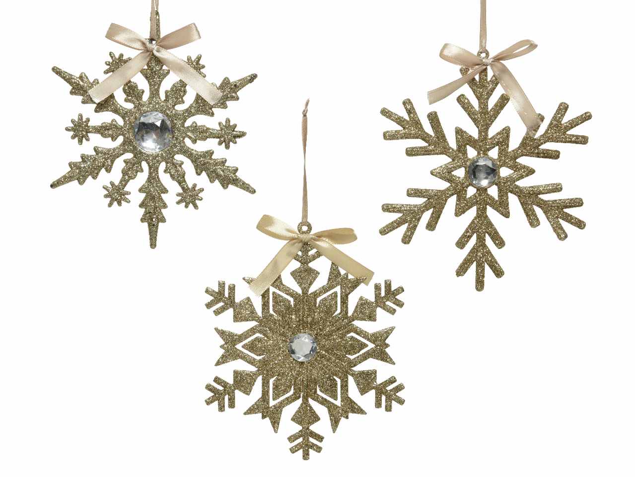 Appendino in plastica fiocchi di neve con glitter e cristalli 0,5xx d.15 champagne