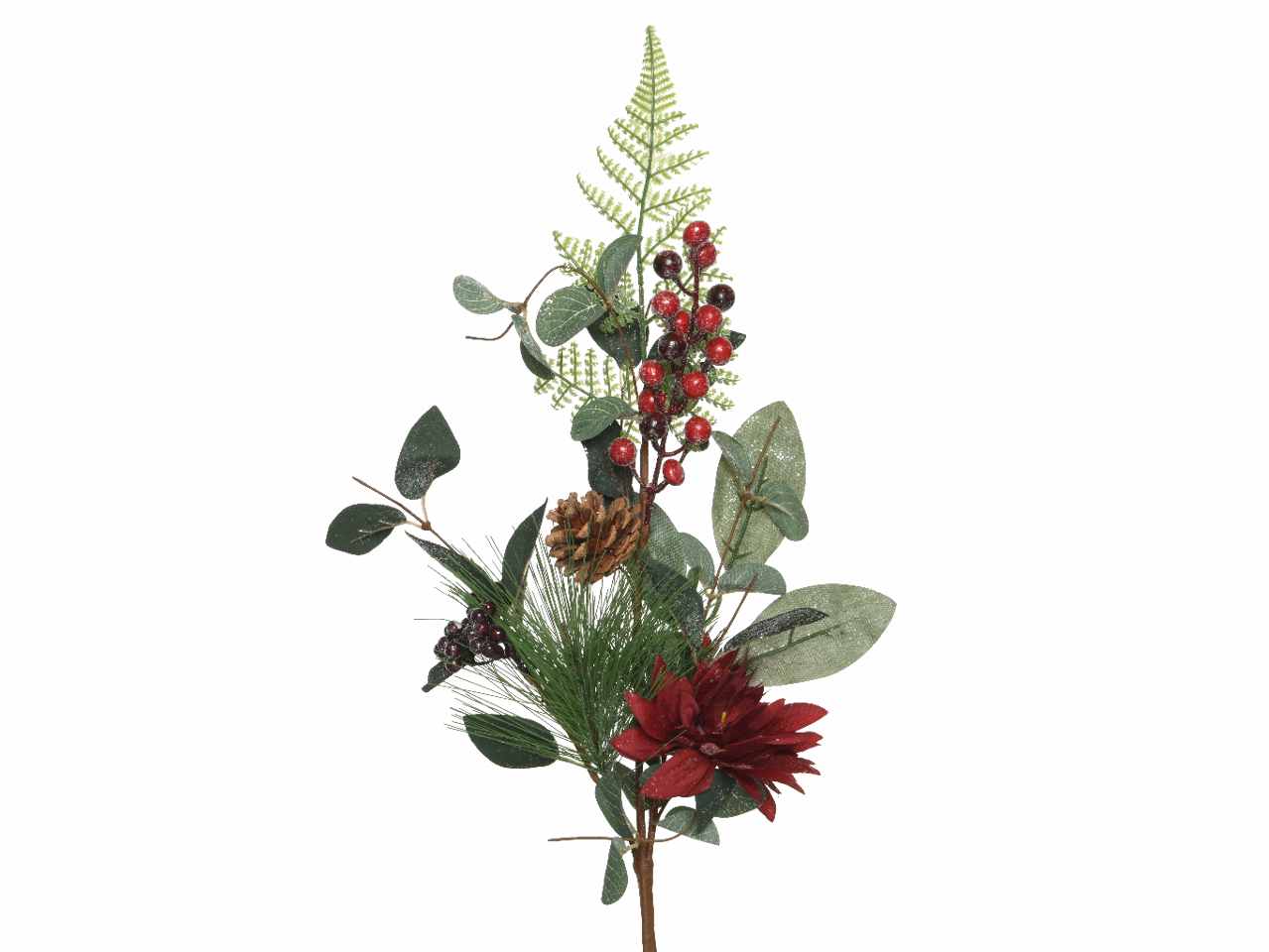 Ramo con bacche, fiore e pigna 13x5x70cm rosso/verde