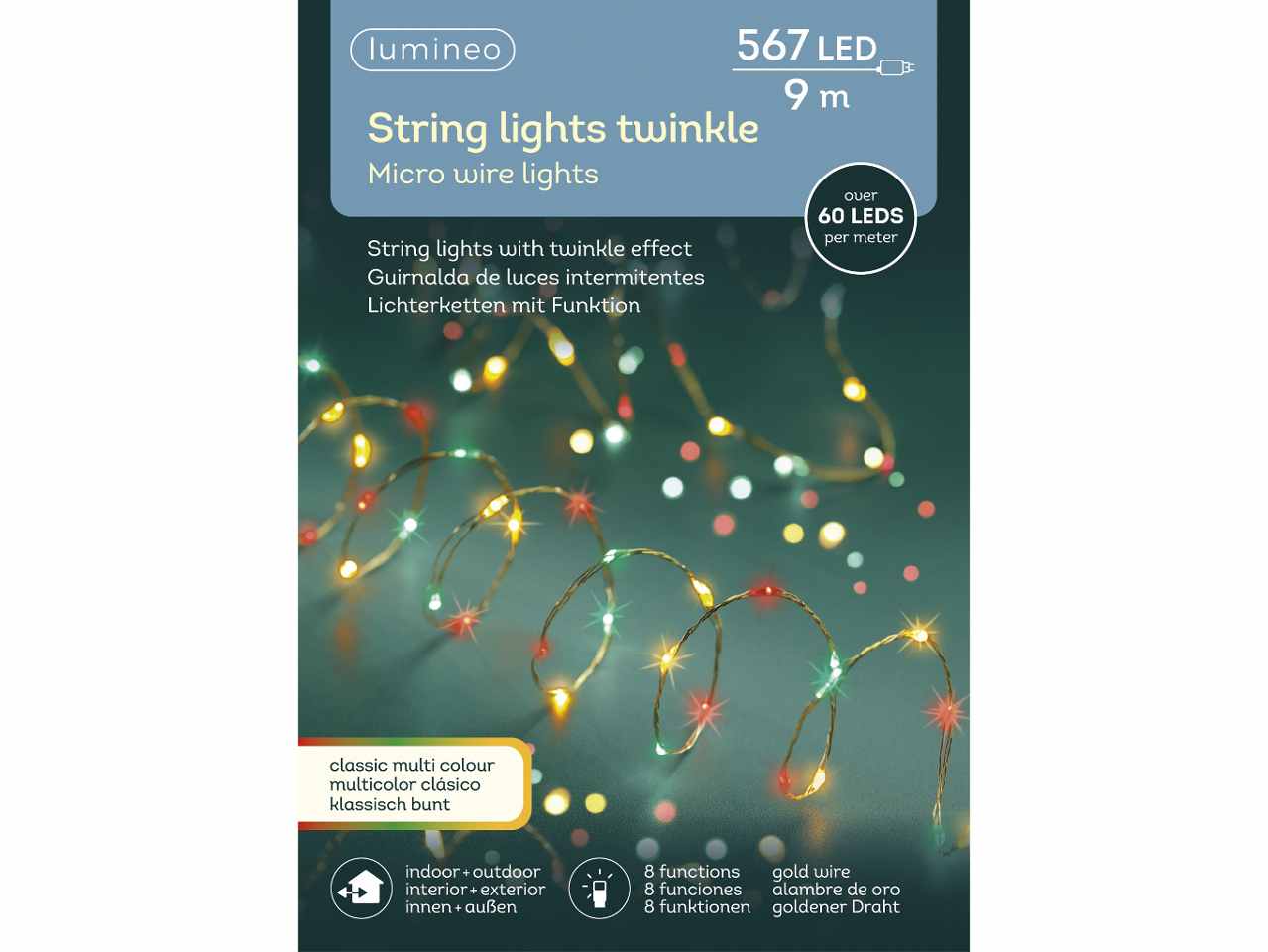 Luci natalizie micro led extra dense con 8 funzioni effetto scintillio per uso esterno colore oro, rosso, verde, classico caldo misura lun.900cm misura del led micro numero di led 567