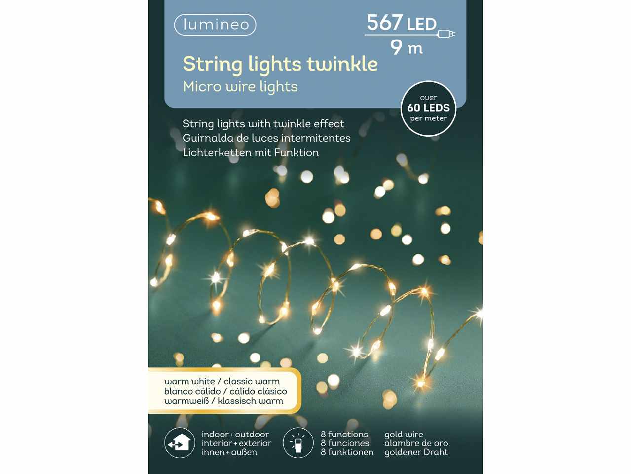 Luci natalizie micro led extra dense con 8 funzioni effetto scintillio per uso esterno colore oro bianco caldo misura lun.900cm misura del led micro numero di led 567