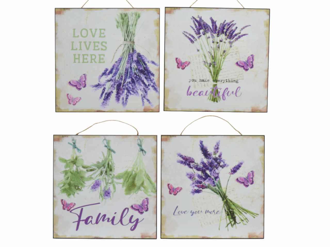 Quadro in mdf con farfalle e lavanda gancio e corda per sospensione 4 assortimenti 24xh.24cm