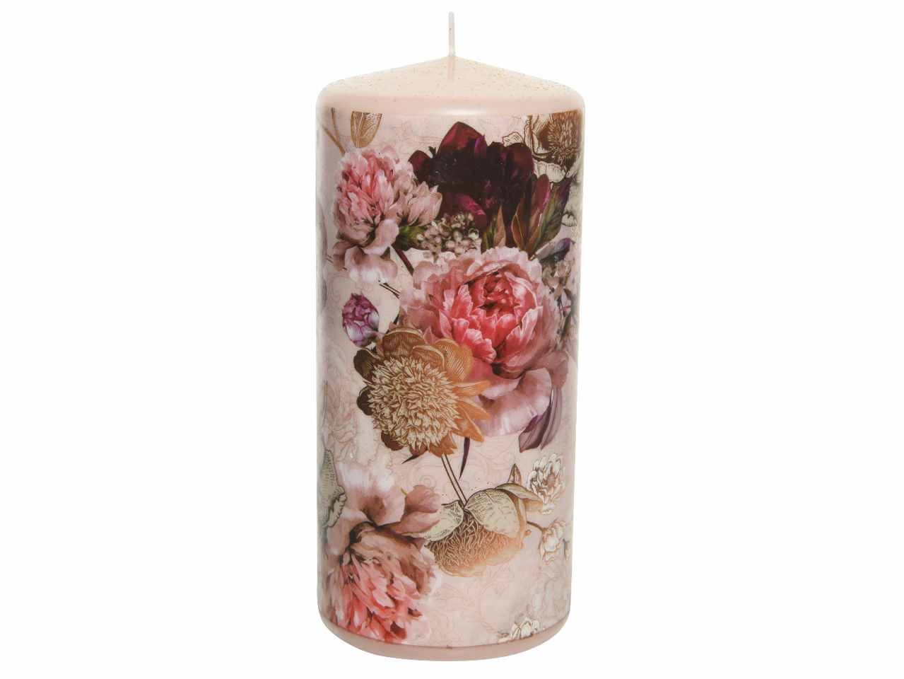 Candela con decoro floreale 15cm d.7cm crema