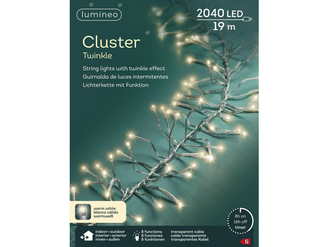 Catena di luci led 1900cm a grappolo con effetto scintillio bianco per uso esterno