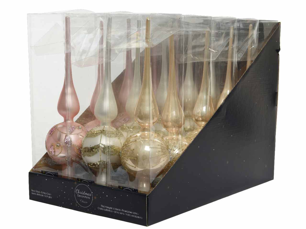Puntale albero in vetro opaco e lucido con glitter 31cmxd.8cm nei colori bianco, rosa e oro