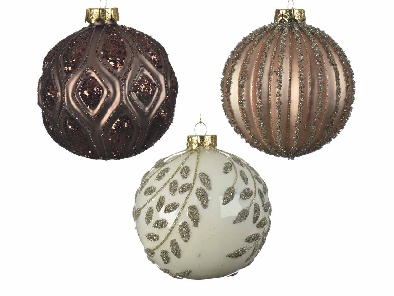 Sfere in vetro opaco e lucido d.10cm con glitter e cristalli d.10cm nei colori caramello e bianco