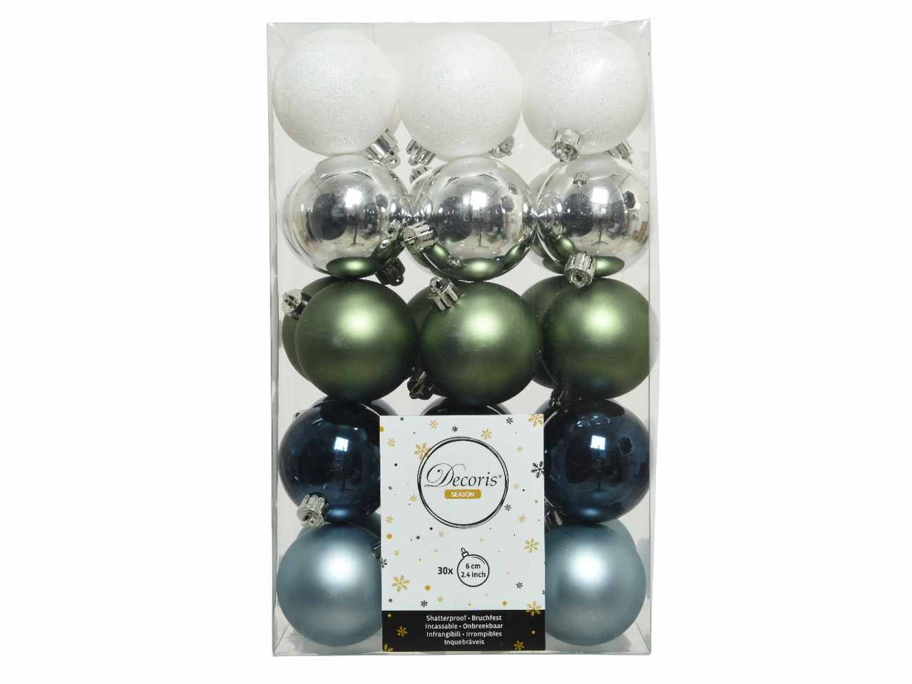 Sfera d.6cm 30 pezzi nei colori bianco, blu , argento e verde
