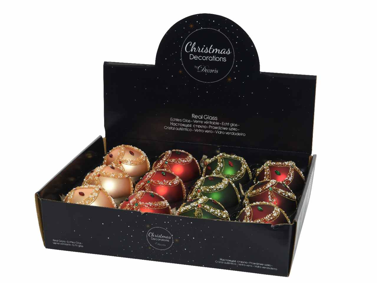 Sfera in vetro opaco 8cm con glitter e cristalli