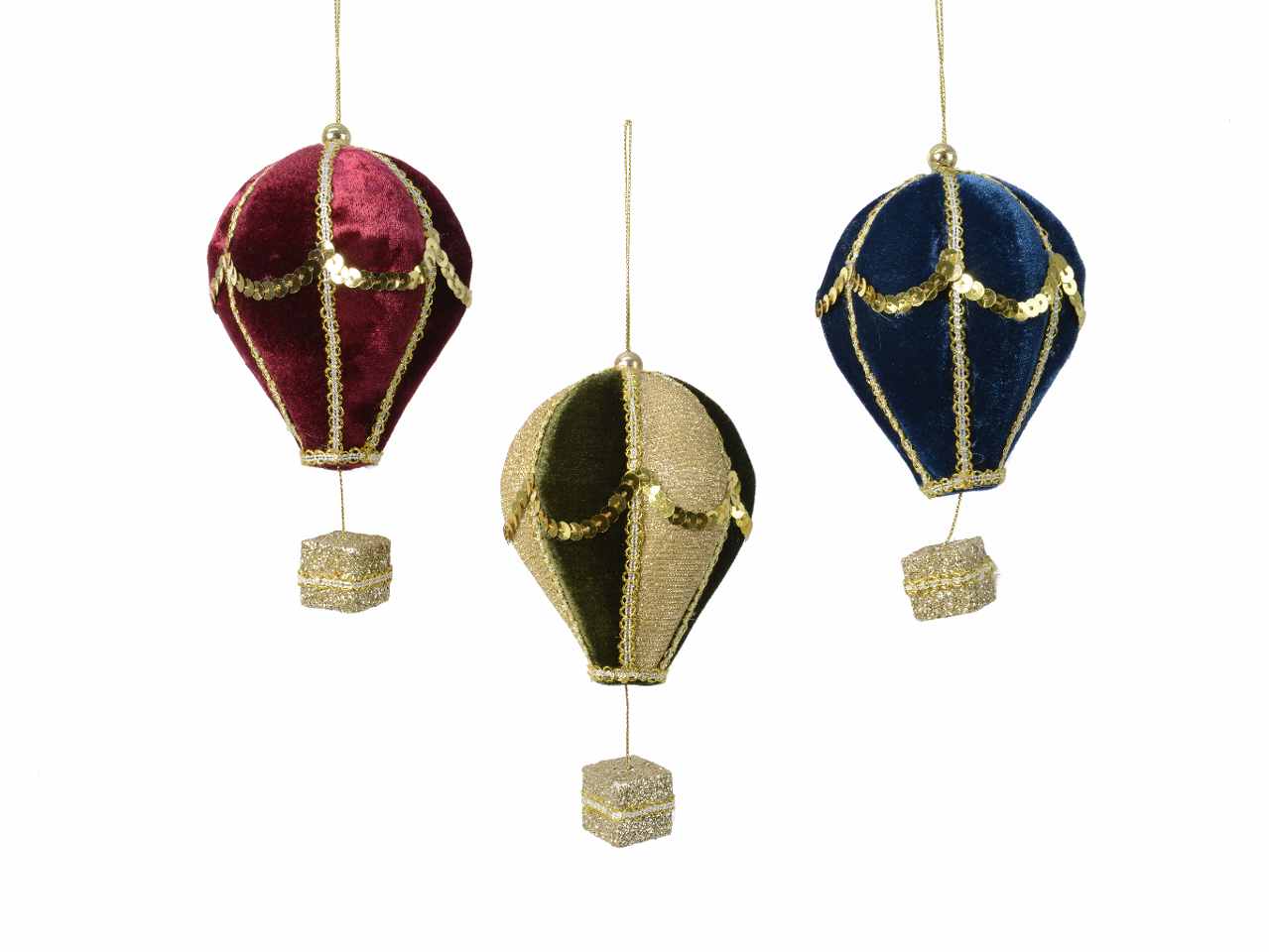 Mongolfiera in velluto con glitter 13cm d.8cm nei colori blu, oro e rosso