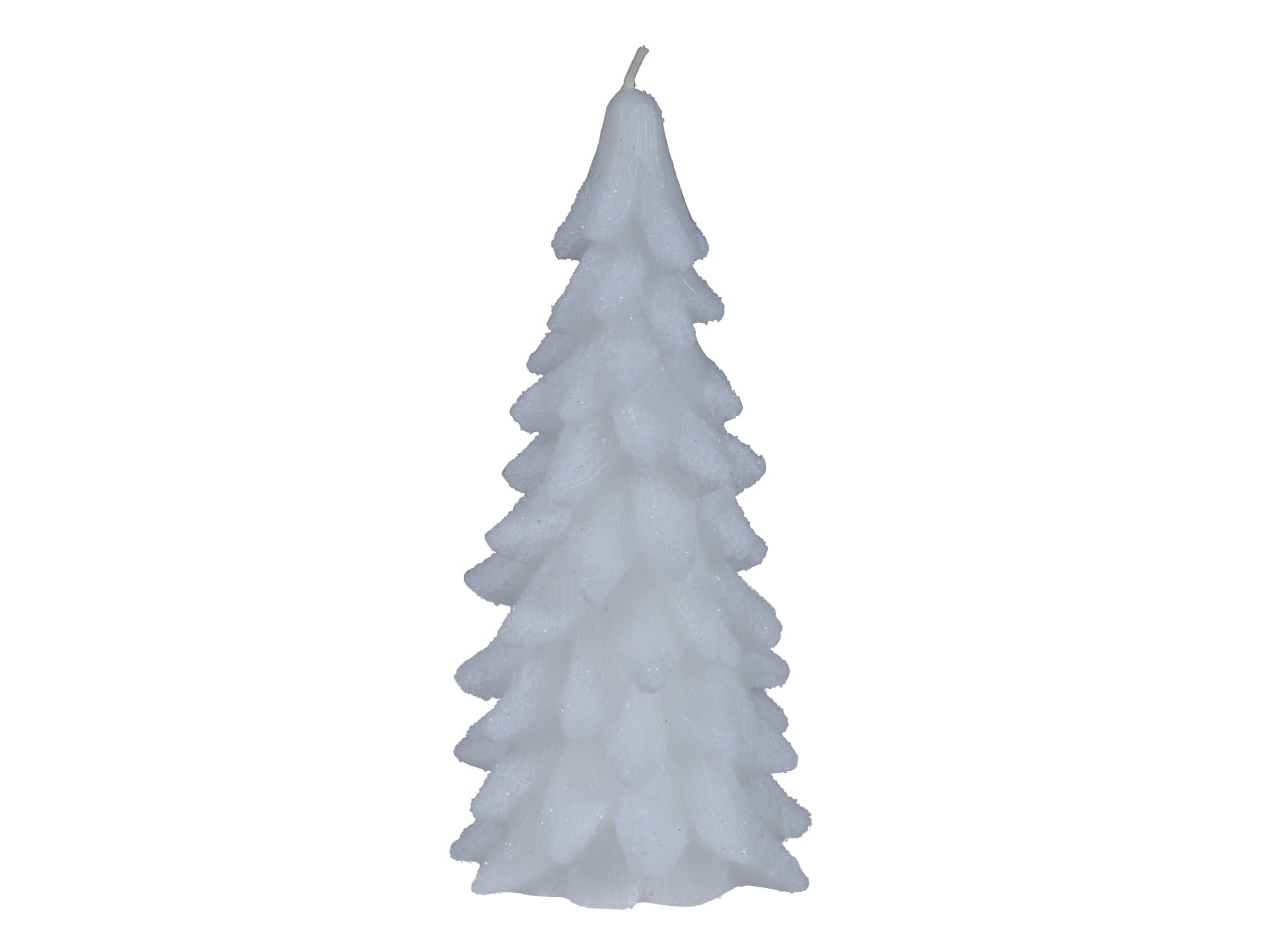 Candela di cera d.9,5x20cm a forma di albero glitterata bianca