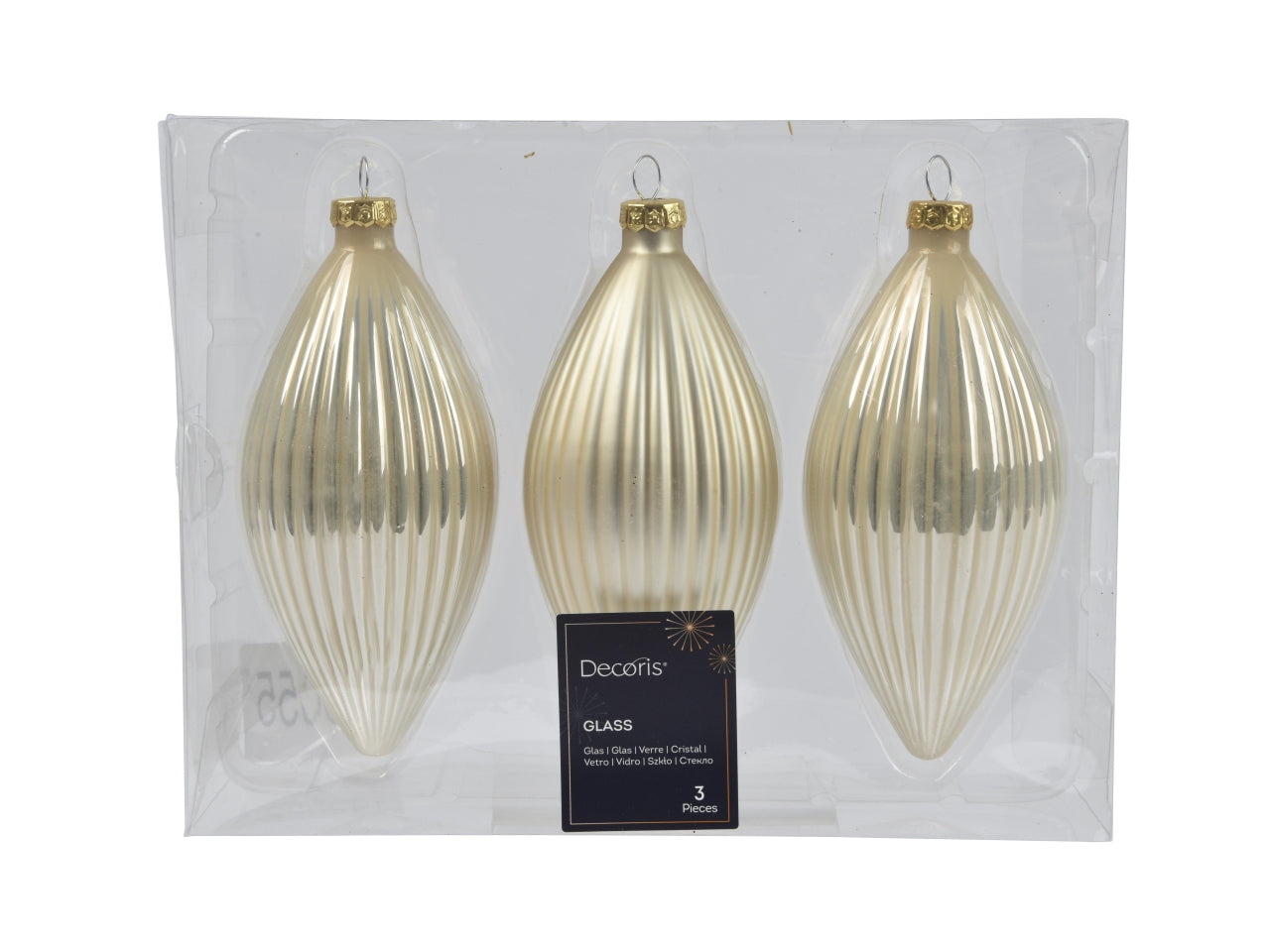 Pendente di vetro natalizio beige opaco e lucido a forma di oliva d.6xh.13 cm, set da 3 pezzi - Decoris