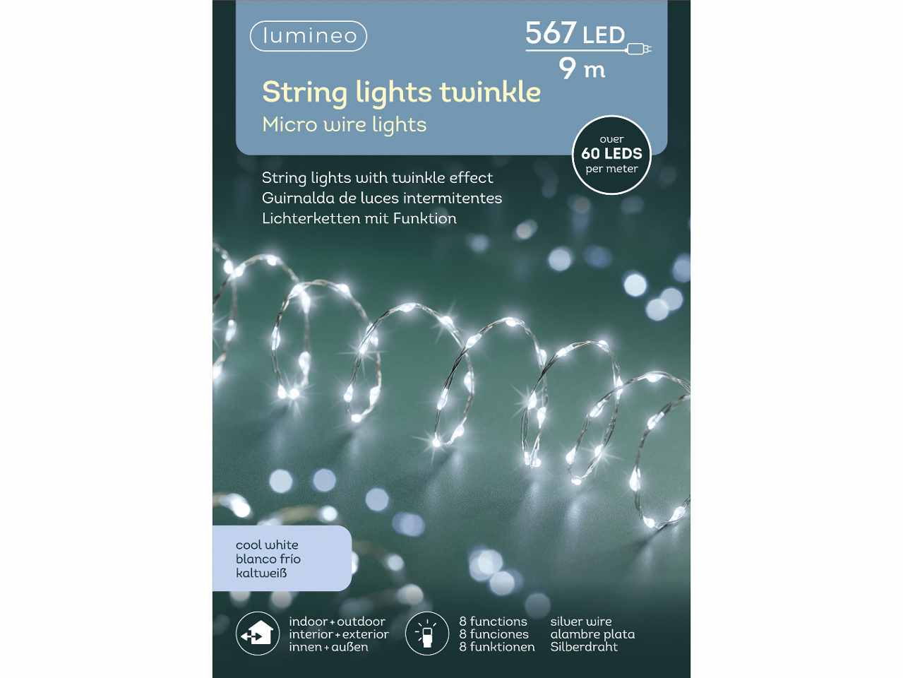 Catena luci 567 micro led bianco freddo 9metri 8 funzioni uso esterno