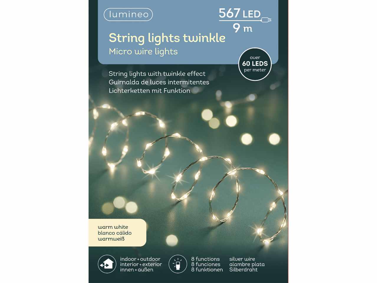Luci natalizie micro led extra dense con 8 funzioni effetto scintillio per uso esterno colore argento bianco caldo misura lun.900cm misura del led micro numero di led 567