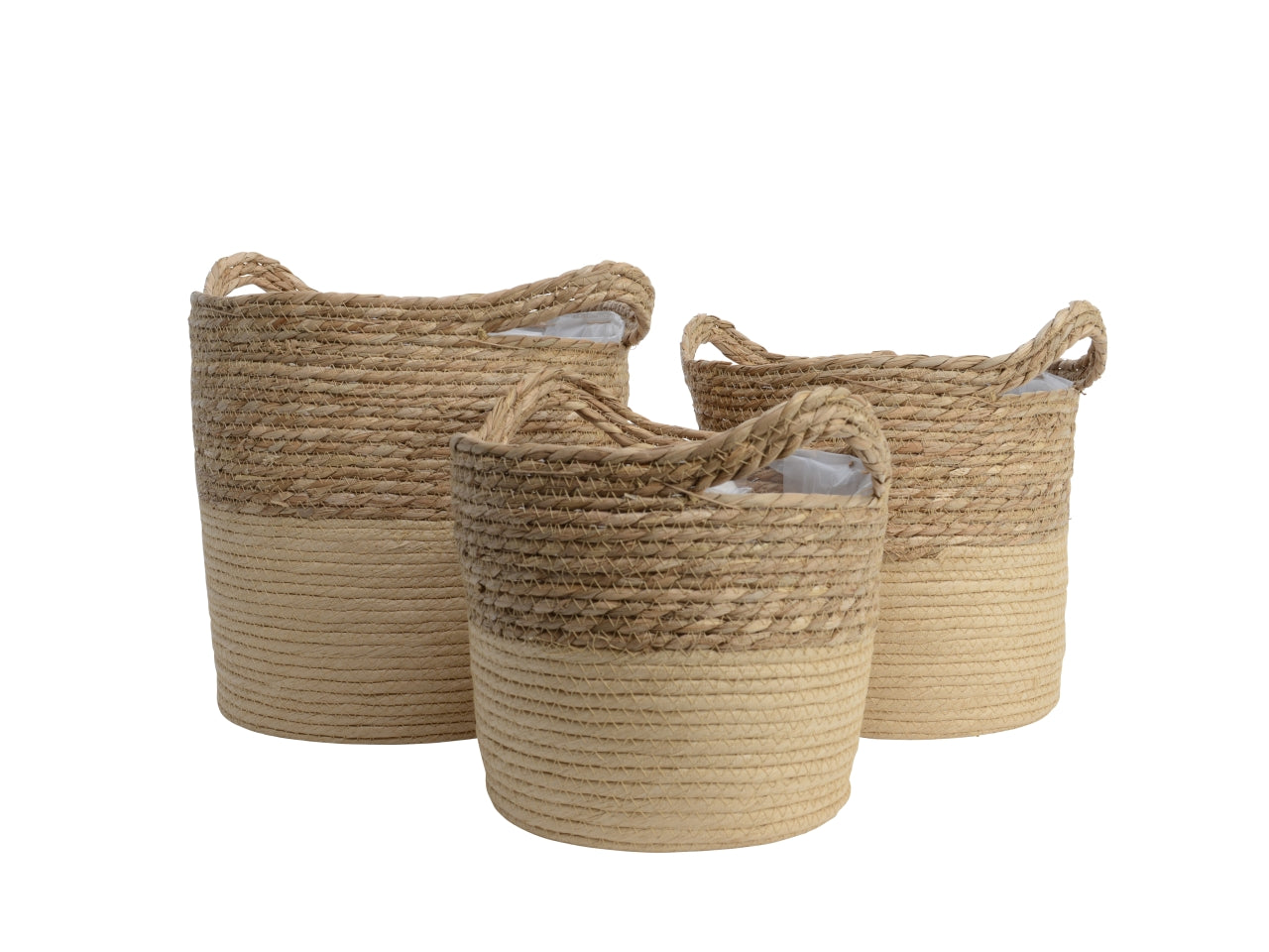 Set da 3 - Ceste in corda con maniglie, stile boho naturale ideali per portavasi, impermeabili con interno in pellicola plastica - misure 24x21,5cm / 28x26,5cm / 33x31cm - Kaemingk