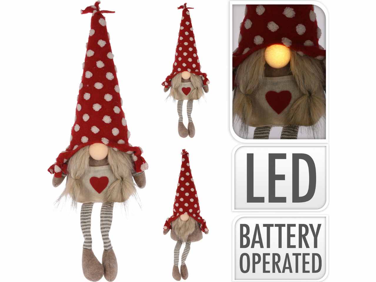 Gnomo peluche 20x50cm con led e funzionamento a batteria