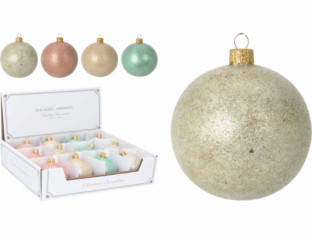 Sfera in vetro 100mm floccata champagne e rosa