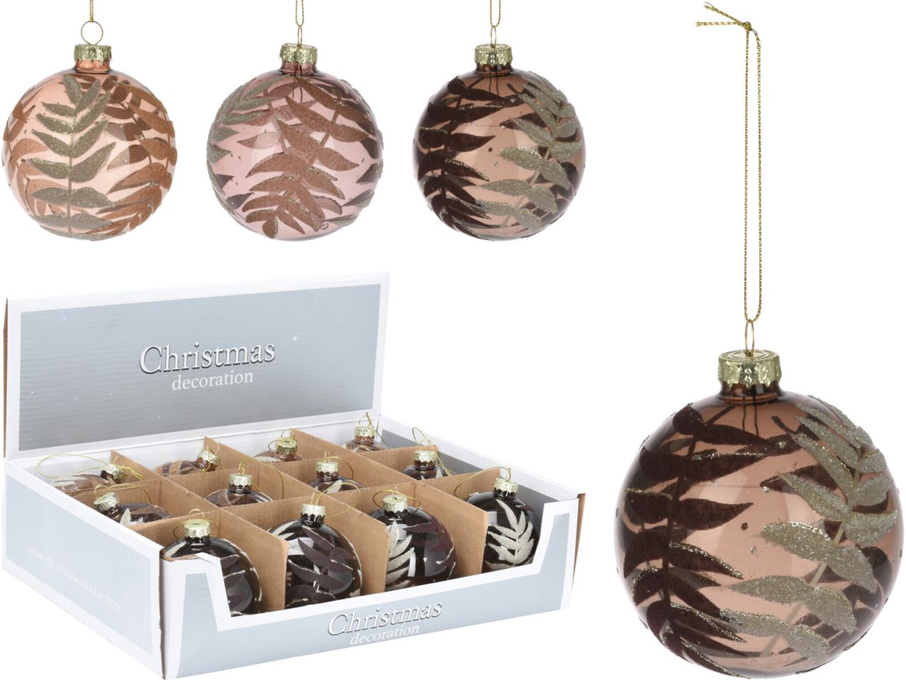 Palla di natale clear misura 80mm leaf in 3 assortite