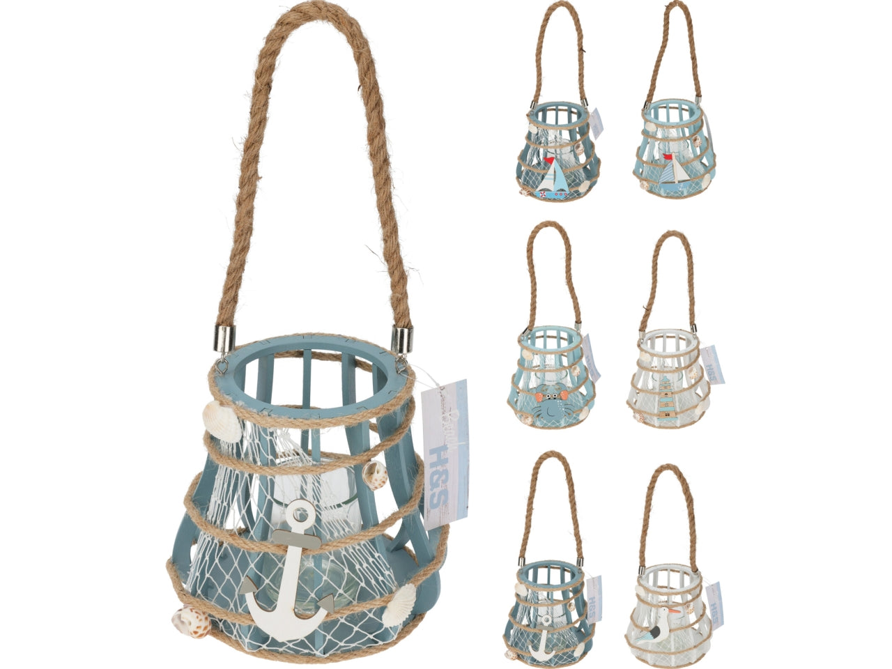 Porta candele marinaro in legno con applicazioni colori assortiti - 15 cm - Koopman