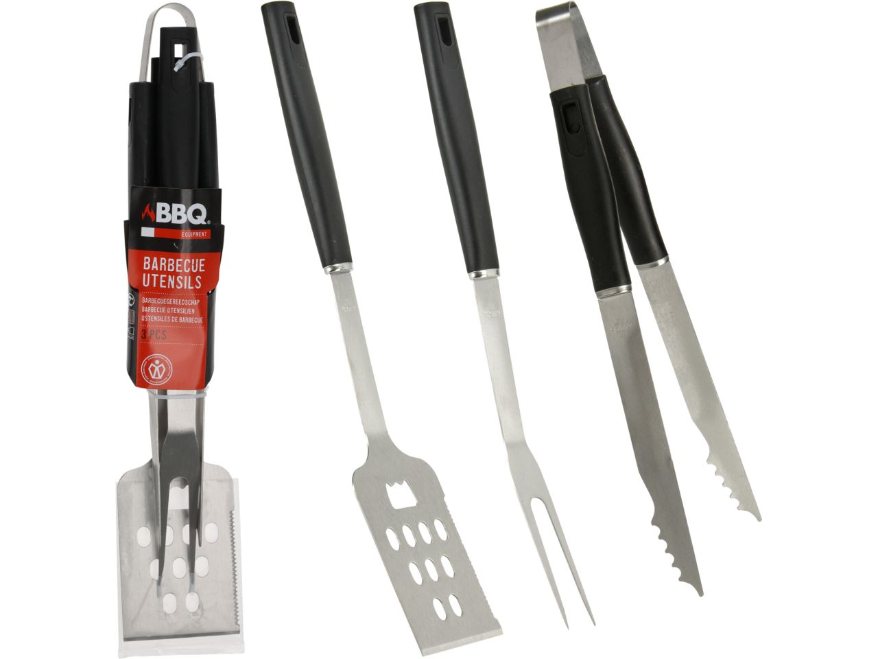 3 utensili bbq in acciaio inox con manico in plastica