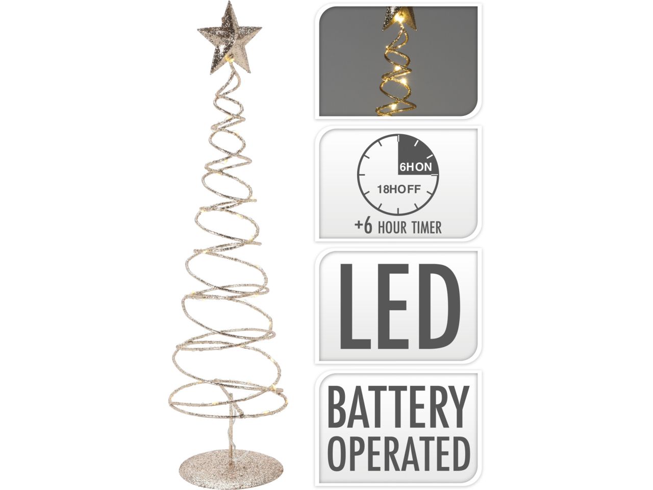 Albero di natale con stella e 30 led misura 48cm colore oro a batteria