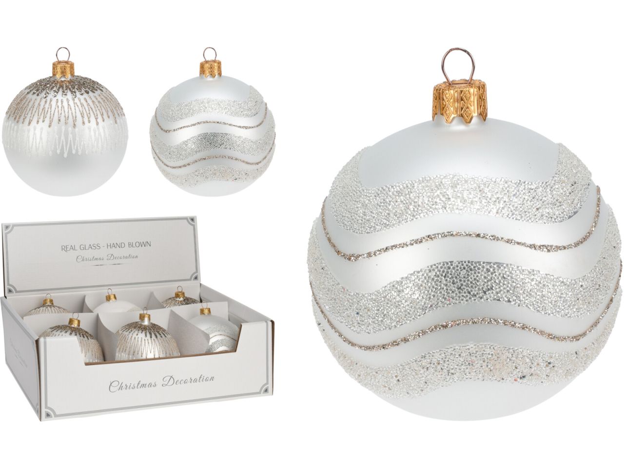 Palla di natale in vetro con decorazione silver misura 10cm in 4 assortimenti