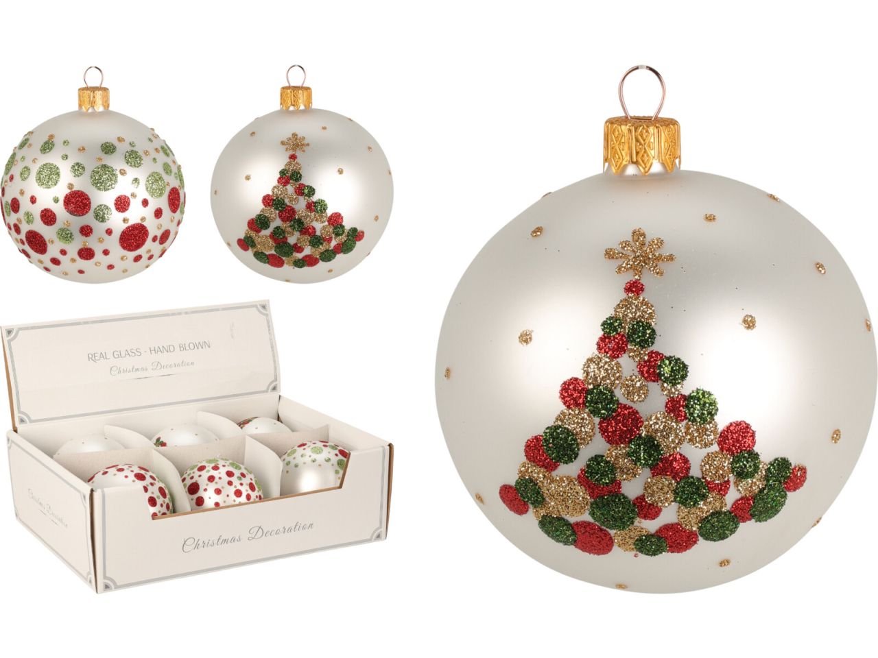 Palla di natale in vetro misura 100mm con decorazione pois in 2 assortimenti