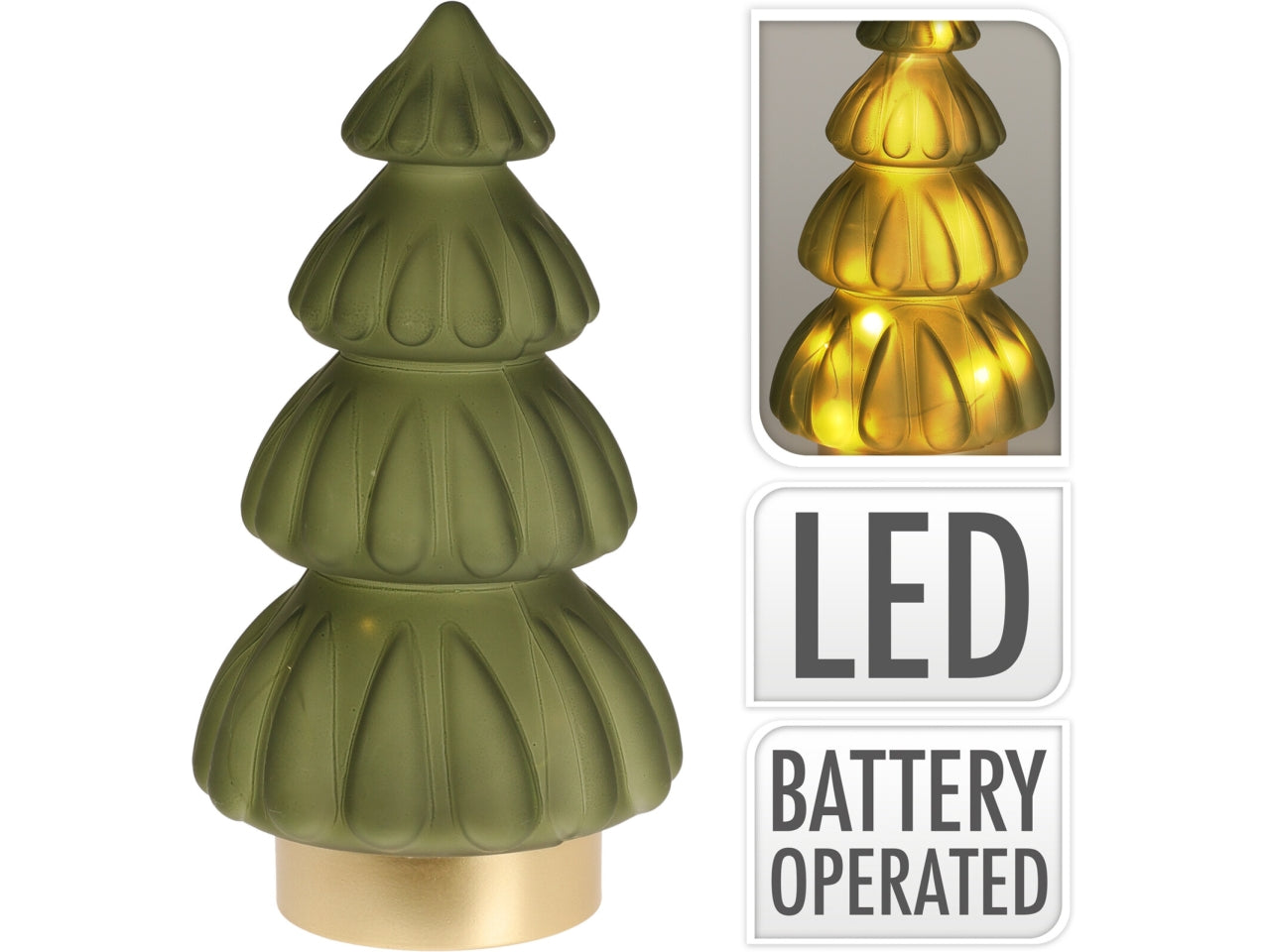 Alberello natalizio decorativo in vetro verde 15x28cm con led