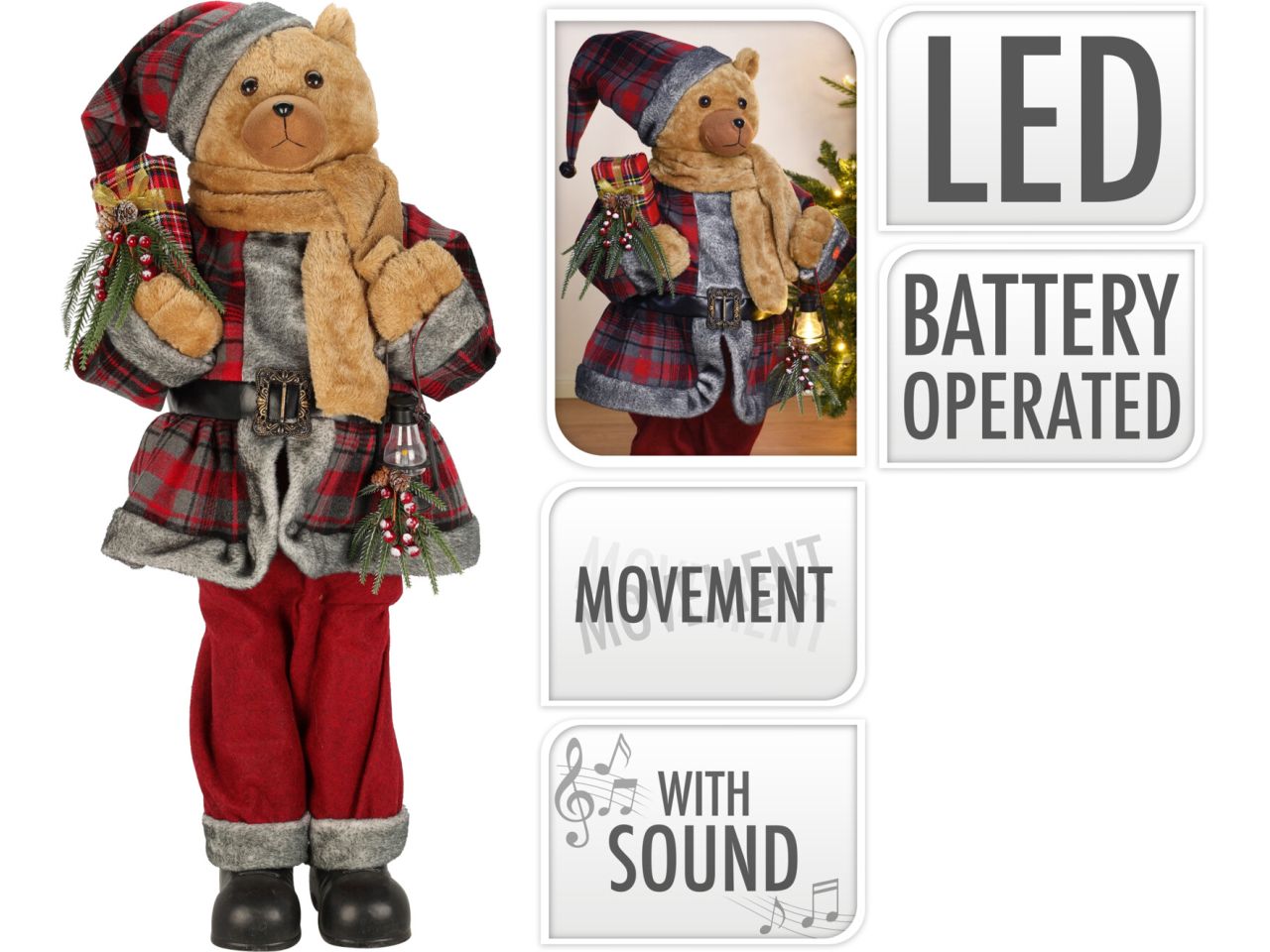 Orso natalizio con movimento e musica misura 95cm a batteria