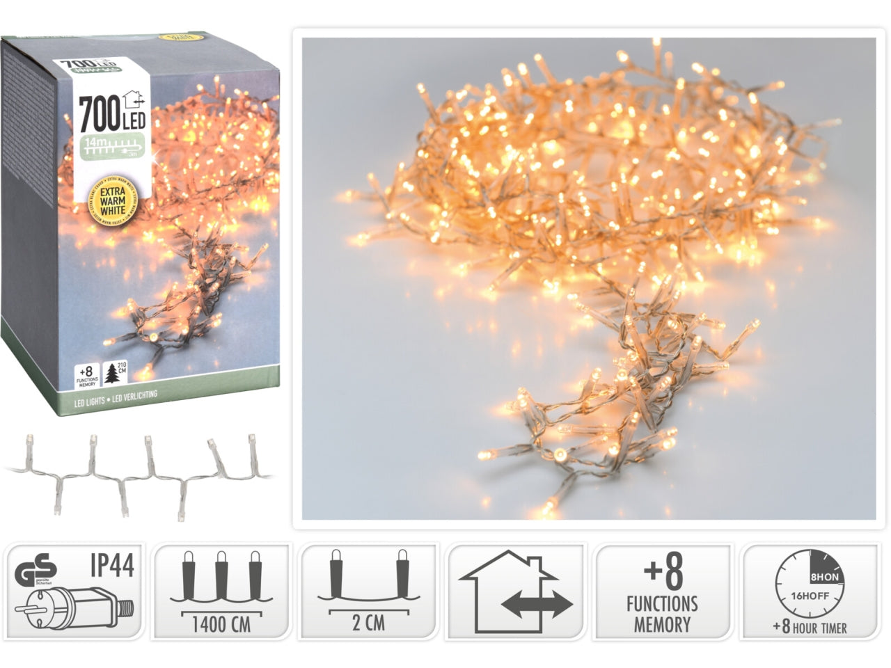 700led bianco caldo, distanza led 2cm, cavo guida 3mt, cavo trasparente, con controller gioco luci 8 funzioni con memoria e timer, per uso interno/esterno 2cm