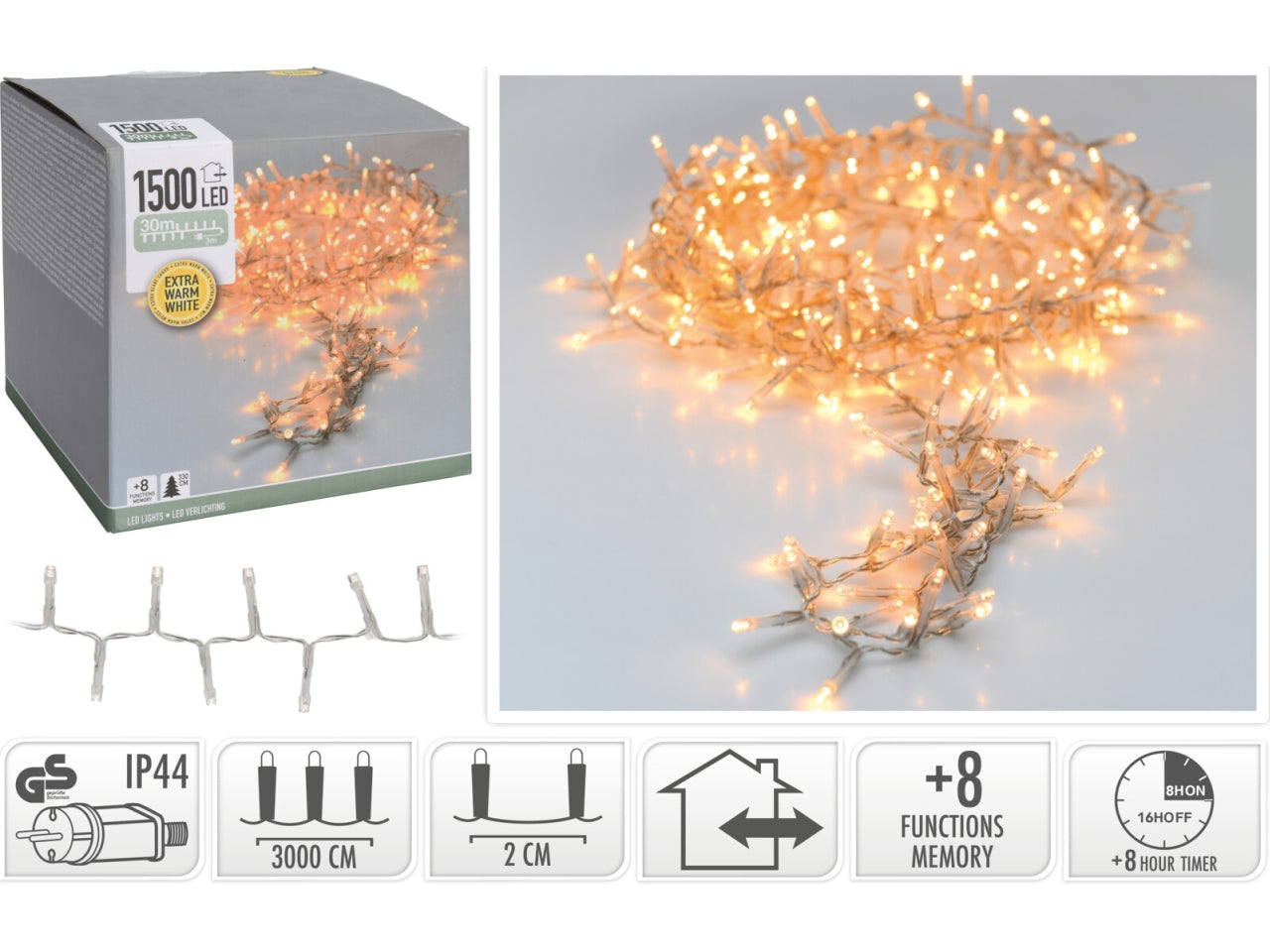 1500led bianco caldo, distanza led 2cm, cavo guida 3mt, cavo trasparente, con controller gioco luci 8 funzioni con memoria e timer, per uso interno/esterno 2cm