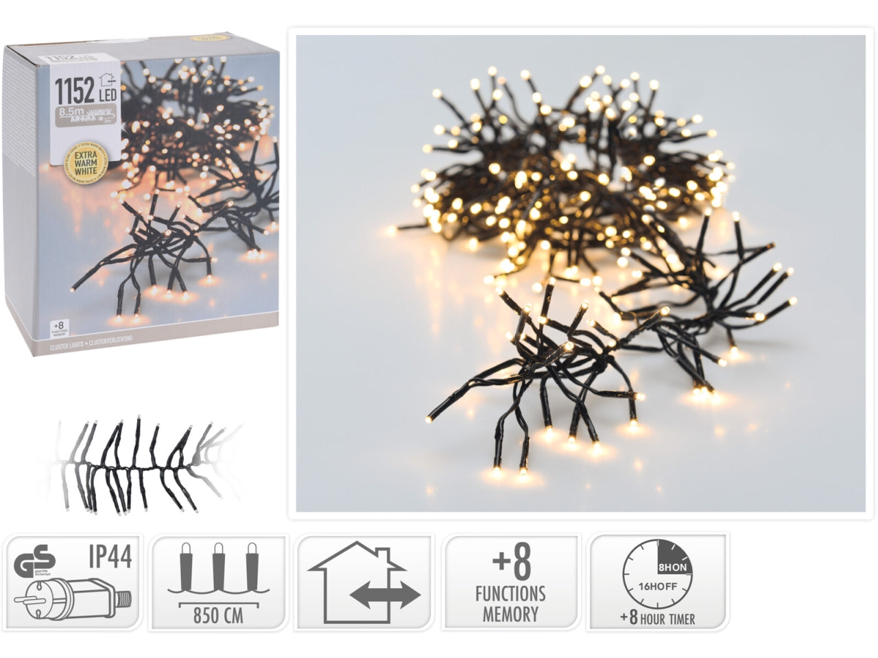 Catena luci cluster dotata di 1152led con luce bianca extra calda e 8 diverse funzioni luminose, uso esterno ed interno