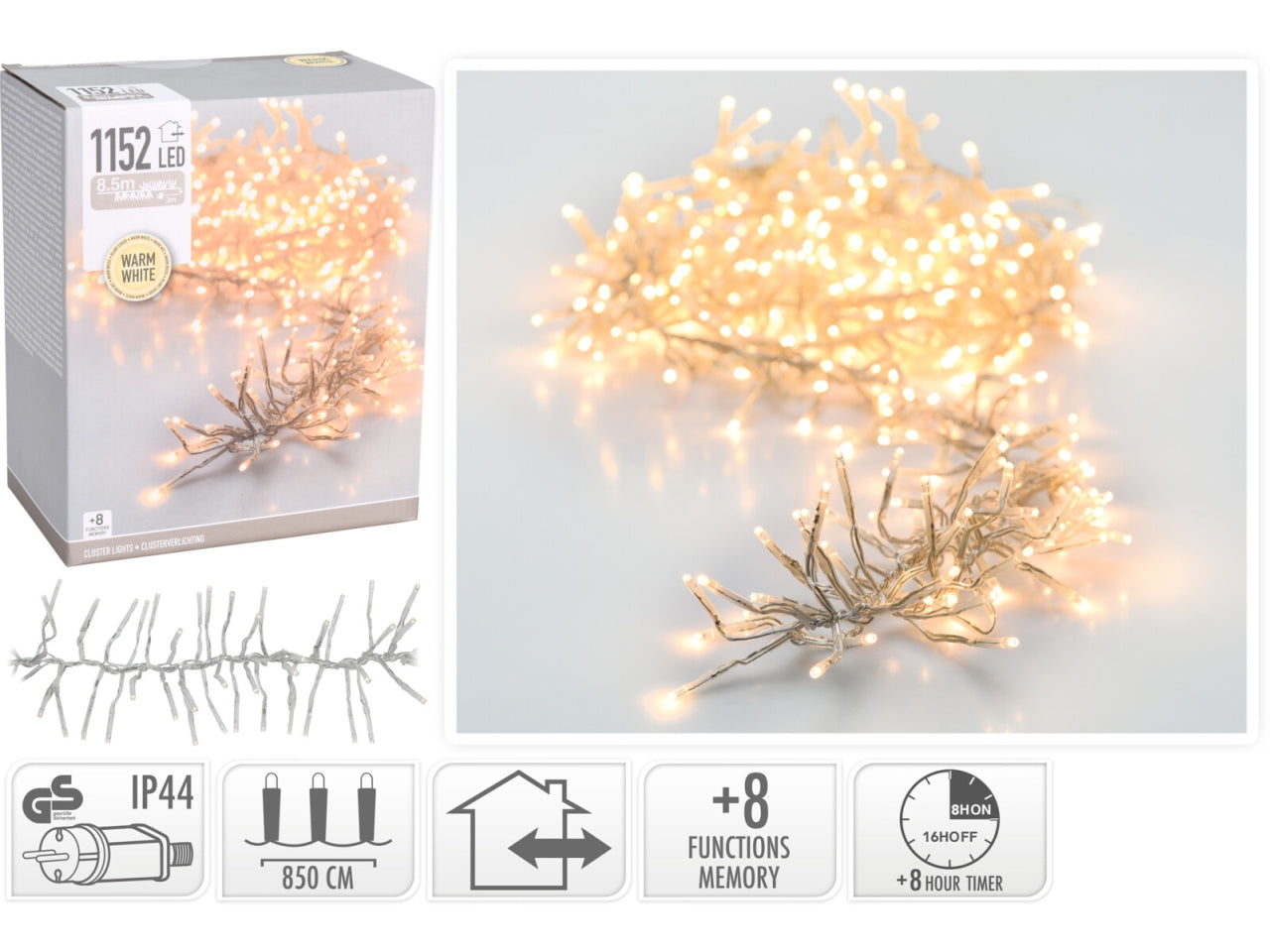 Catena luci cluster con 1152led bianco caldo e 8 diverse funzioni luminose, uso esterno ed interno