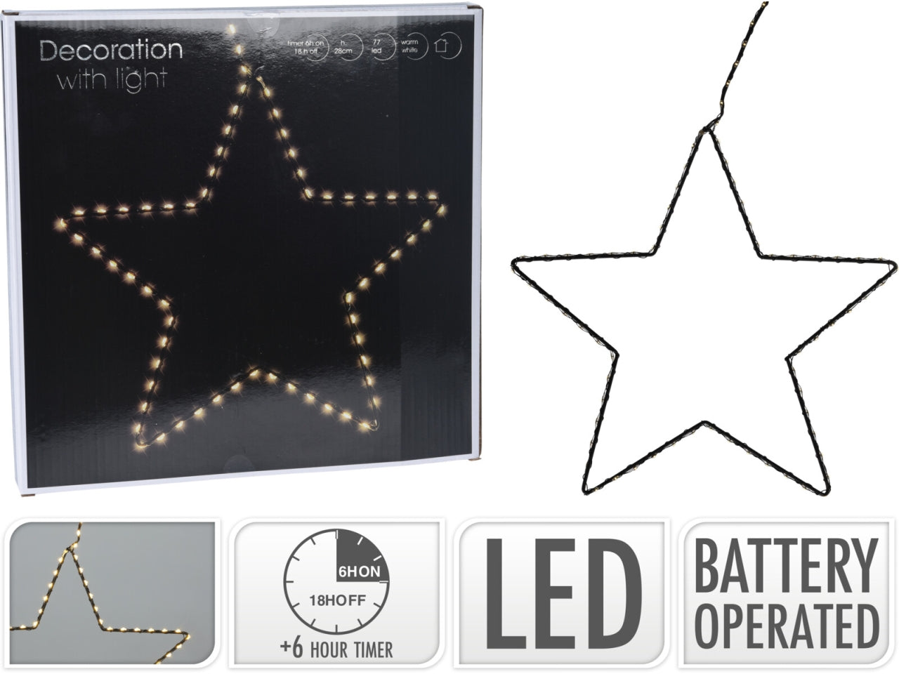 Stella decorativa pensile 28cm con 77 led e timer a batteria