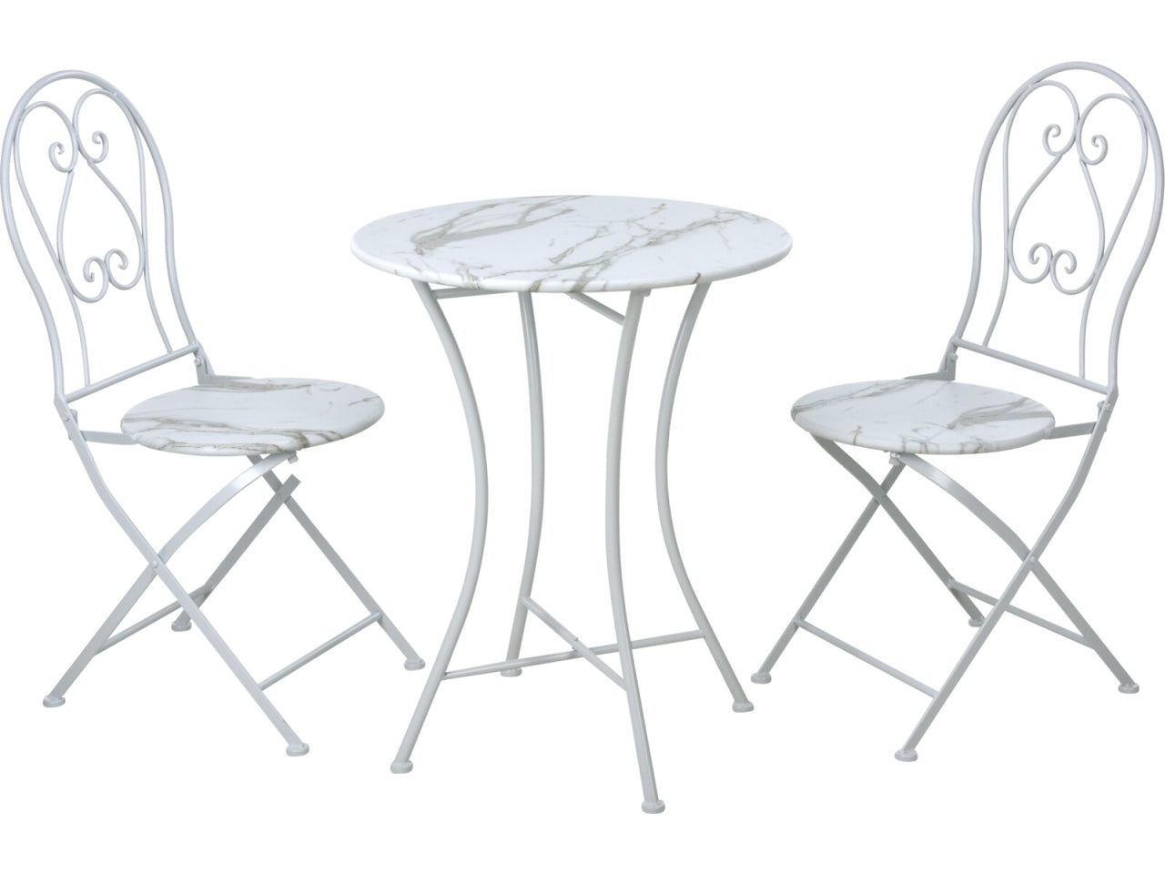 Set Bistrot relax in acciaio bianco stile classico - 2 sedie pieghevoli effetto marmorizzato 38x46x92 cm + tavolo 60x73 cm - Koopman