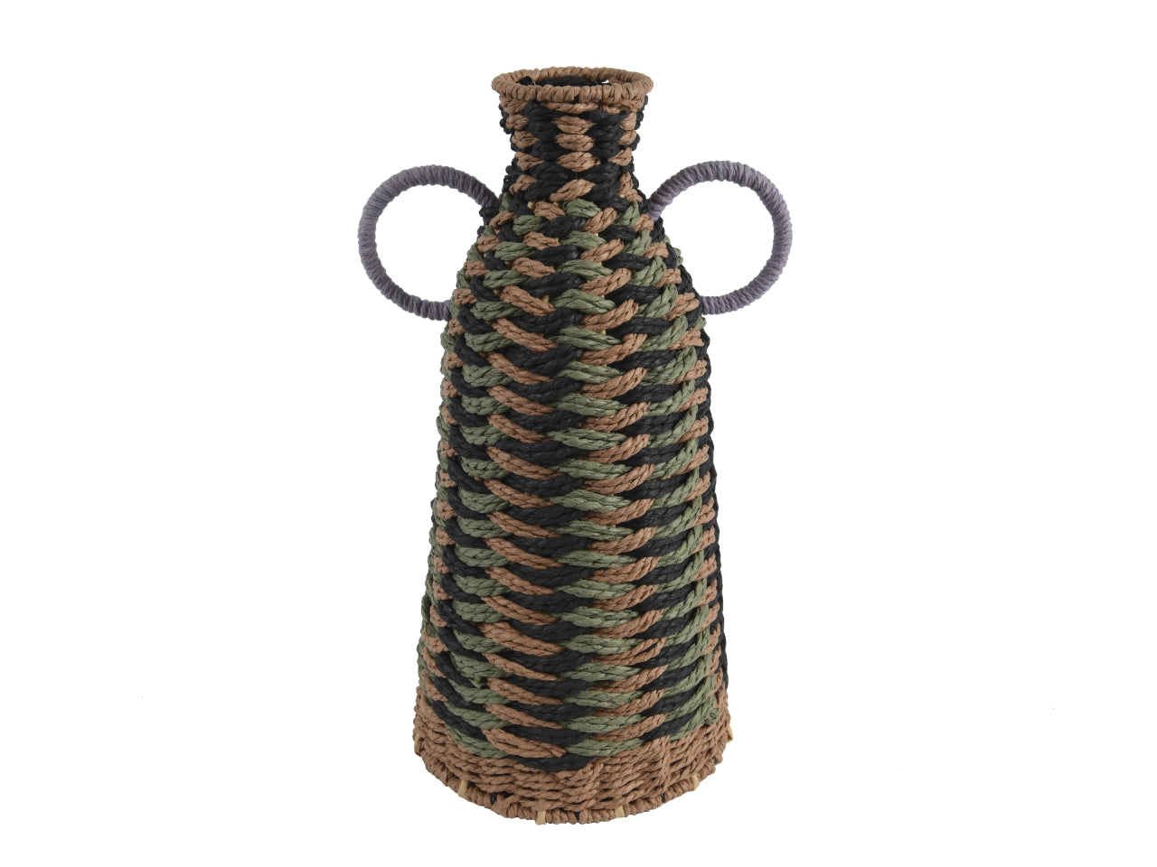 Vaso da arredo soggiorno etnico in vimini multicolor, forma anfora con manici in lavorazione di cotone intrecciato - altezza 41 cm, diametro 19 cm, Kaemingk