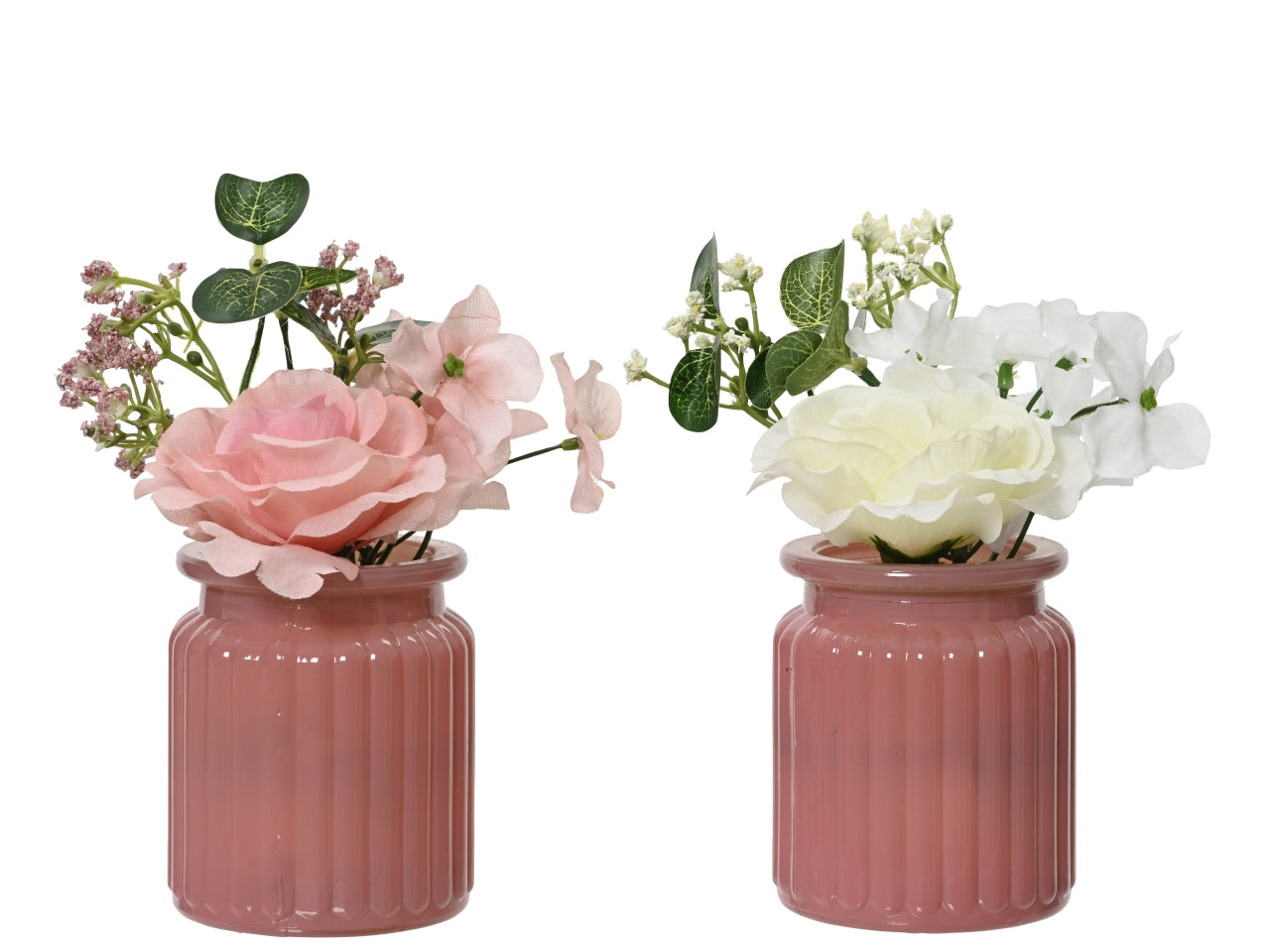 Piantina Artificiale con Mazzetto di Rose Realistico, Ortensia e Eucalipto in Vaso di Vetro Rosa 18cm - Kaemingk