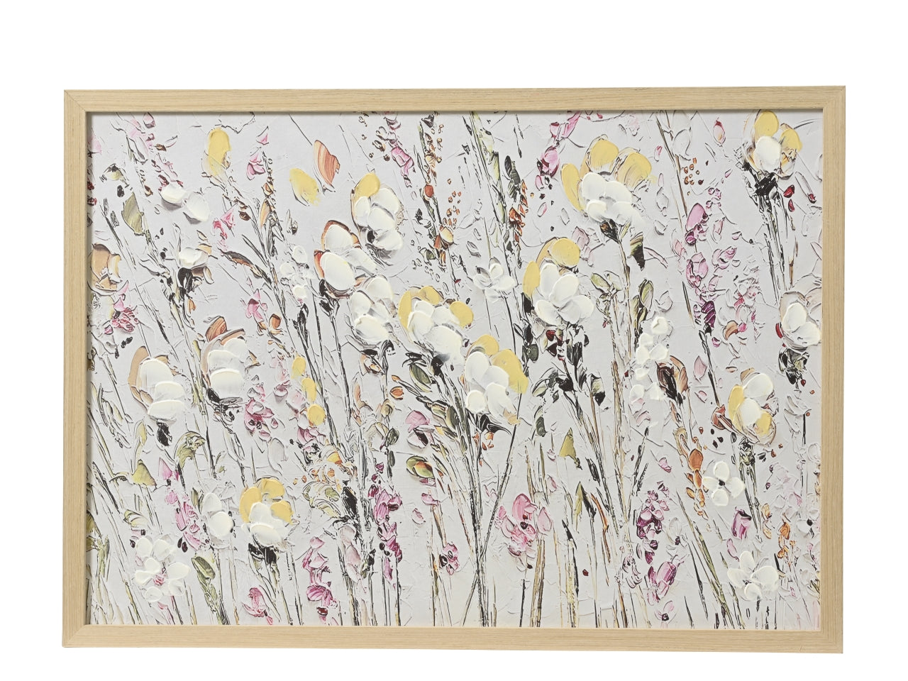 Quadro rustico per soggiorno con tela dipinta a mano con fiori e cornice in legno MDF, 70x50x3cm, bianco e pastello, stile country - Kaemingk
