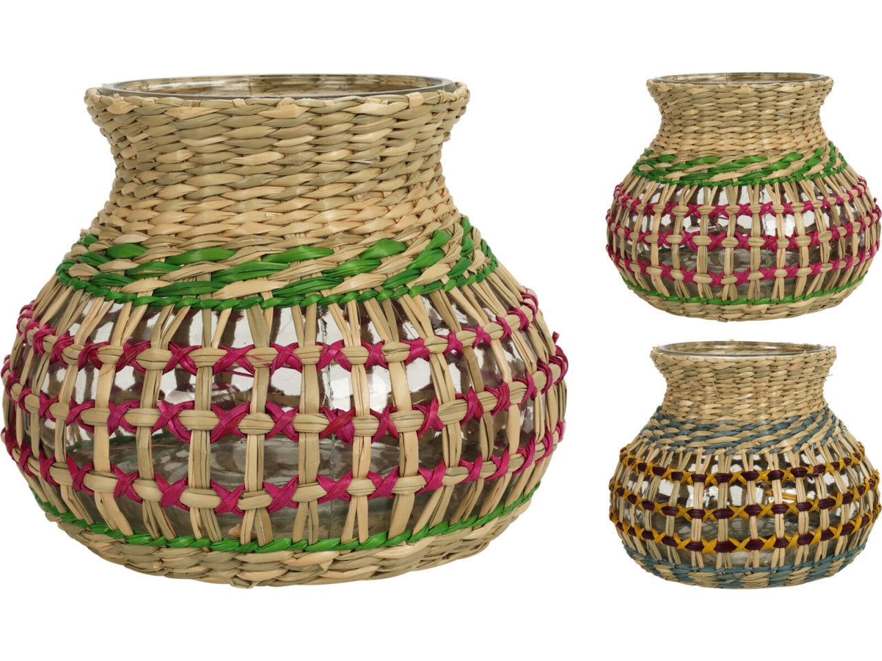 Vaso decorativo etnico in vetro e seagrass, forma cilindrica 15x12 cm - Koopman