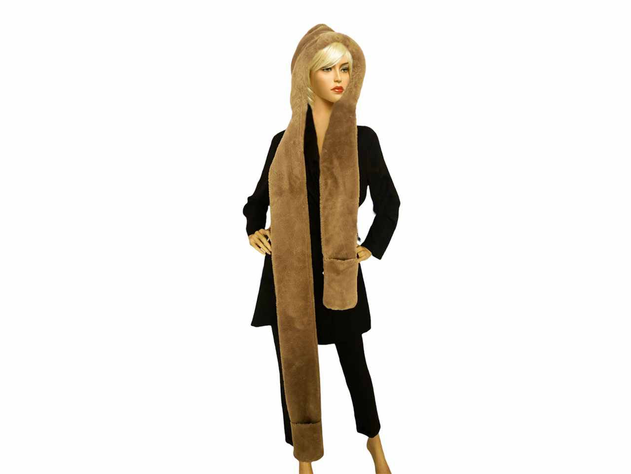 Sciarpa cappuccio donna beige scuro con tasche
