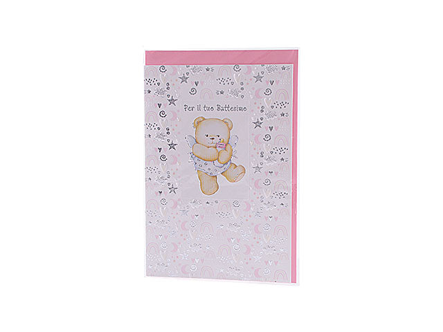 biglietto battesimo rosa con rilievo