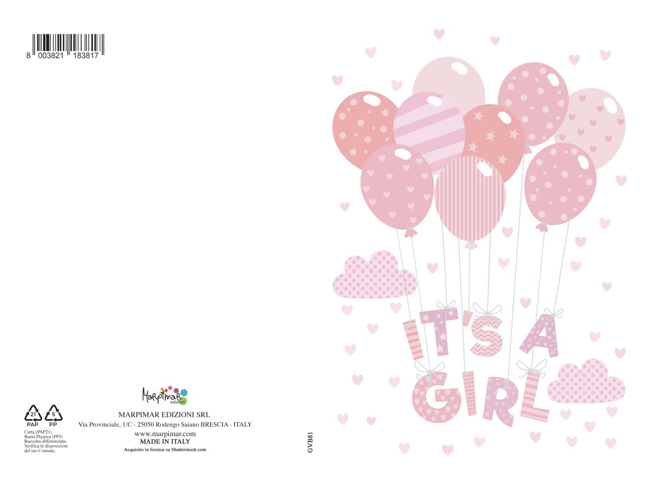 Biglietto di auguri per nascita colore rosa con vernice uv e scritta it's a girl con busta