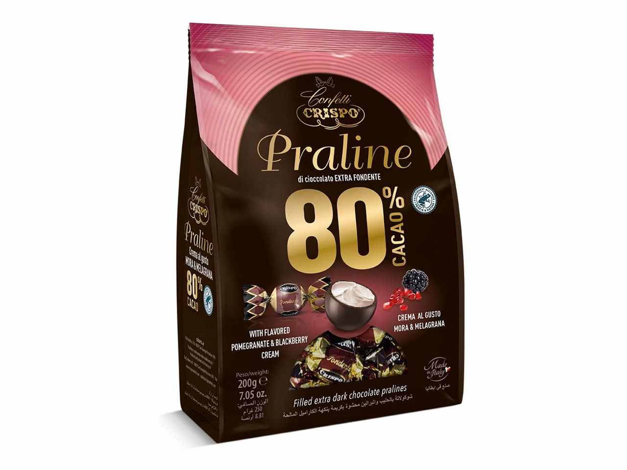 Praline di cioccolato fondente cacao 80% ripiene con crema al gusto mora e melagrana 200gr