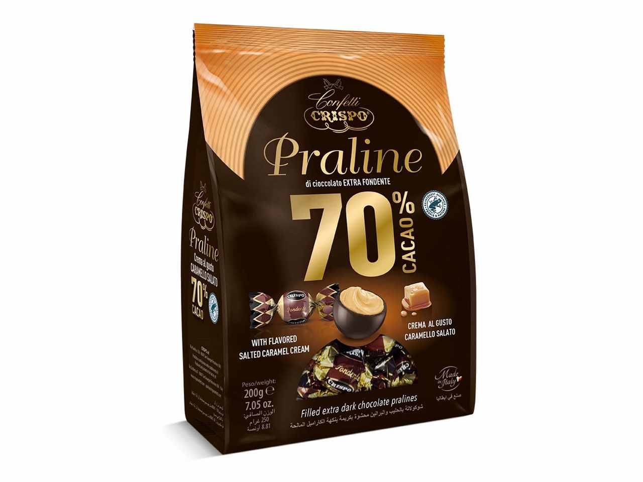Praline di cioccolato fondente cacao 70% ripiene con crema al gusto caramello salato 200gr