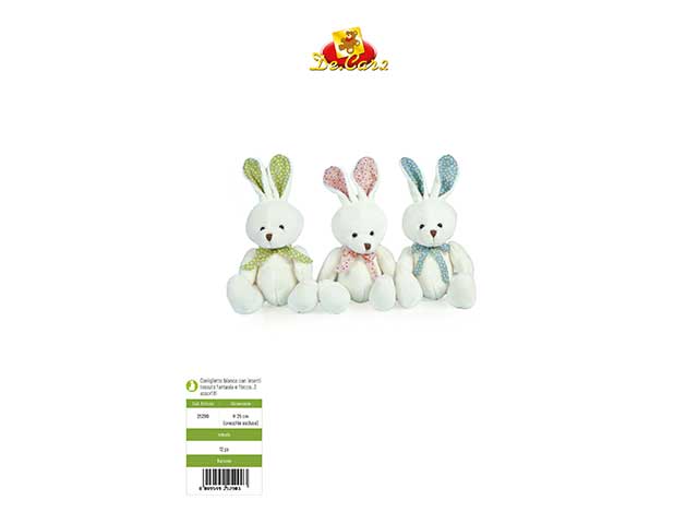 peluche coniglio con fiocco h.25cm 3 colori assortiti