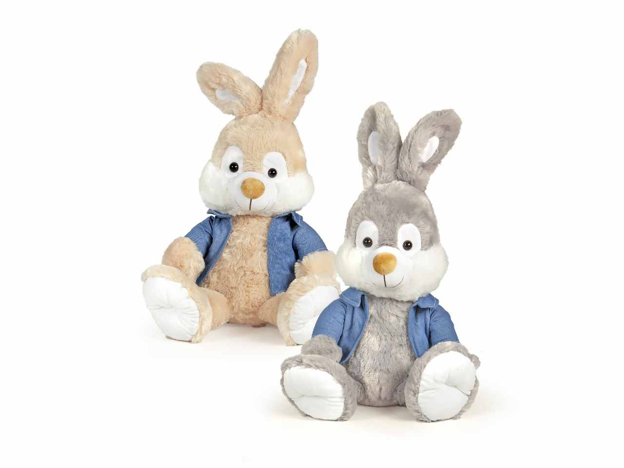 peluche bunny seduto con giacchetta jeans l.60cm 2 colori assortiti