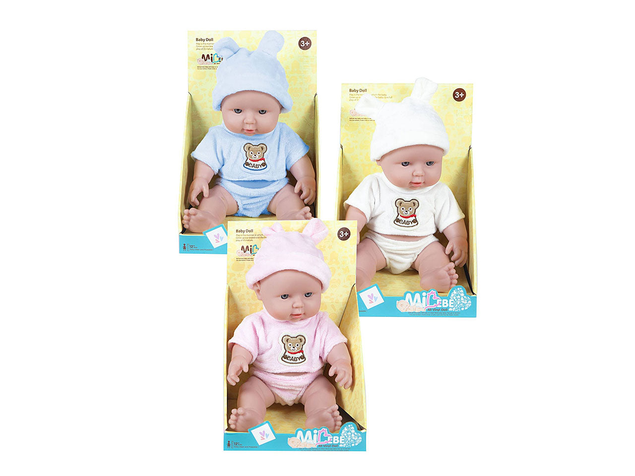 Baby 30cm in gomma con tutina in 3 colori assortiti 15xh.25cm