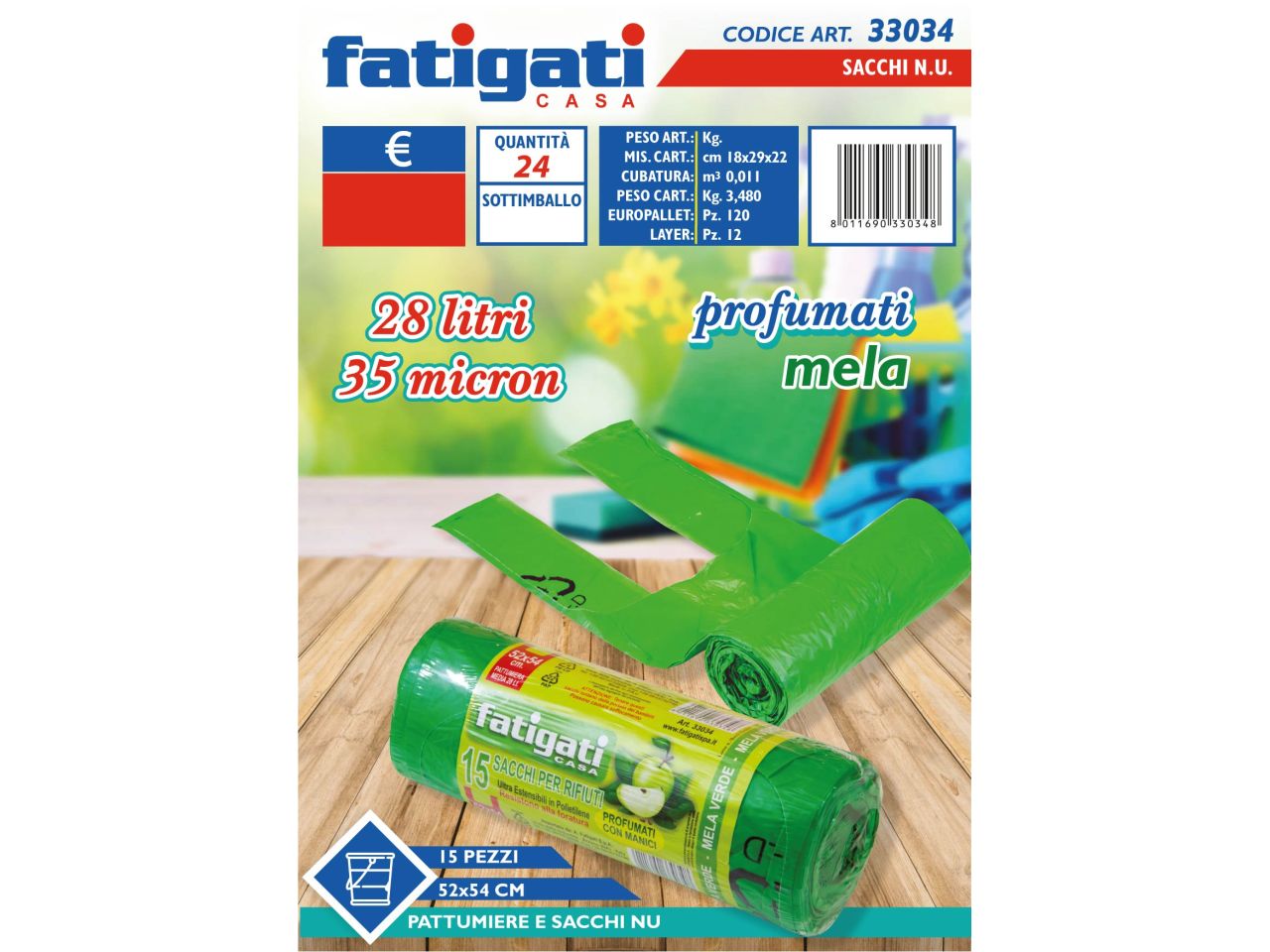 Rotolo da 15 sacchetti per pattumiera profumati alla mela 52x54cm