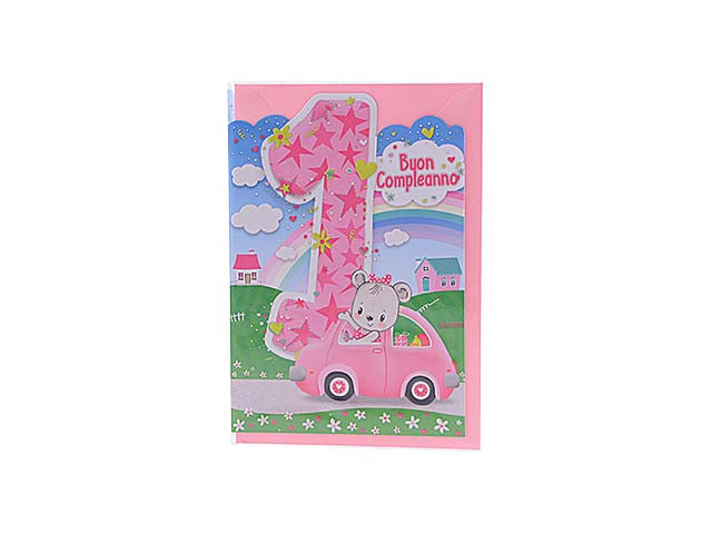 biglietto di auguri di buon primo compleanno rosa 12x18 cm
